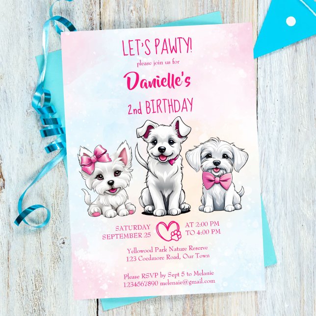 Invitation Faisons pailty blanc rose pâle mignon chiots anniv (Let's pawty cute  white pink bow puppies dog theme girls birthday invitation template download)