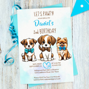 Invitation Faisons pawty brun bleu mignon chiots anniversaire