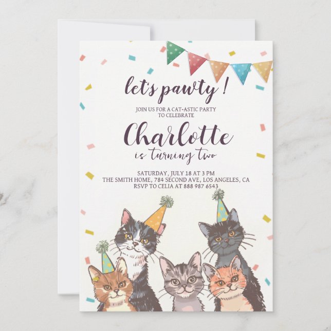 Invitation Faisons pawty Fête de Chat (Devant)