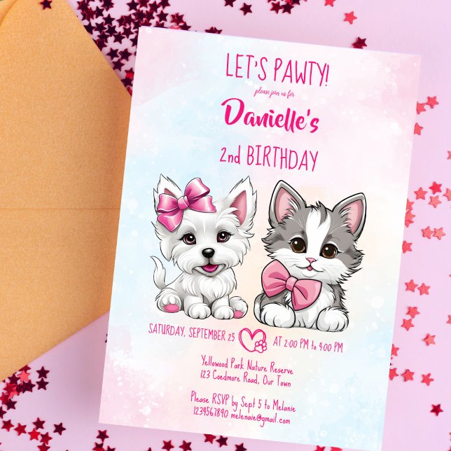 Invitation Faisons pawty rose mignon chiot et petit anniversa (Let's pawty pink cute puppy and kitty birthday party invitation template digital download cats dogs)