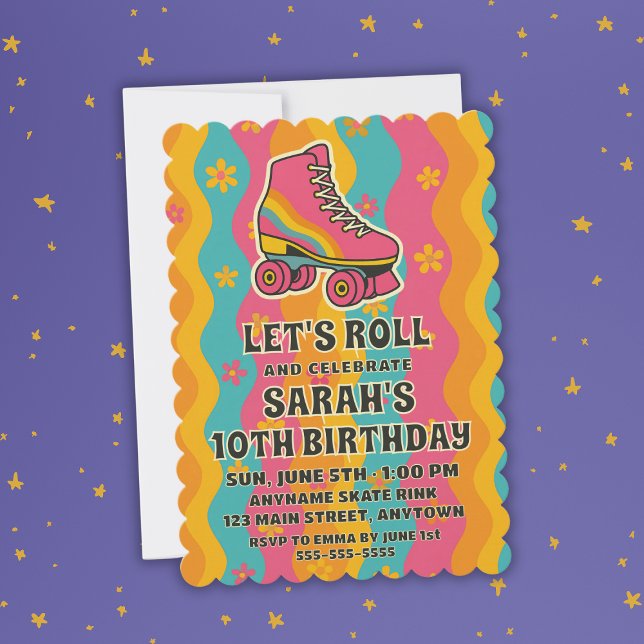 Invitation Faisons Roulement Anniversaire Fille Rétro Roller  (Let's Roll Retro Roller Skate Girl Birthday Party Invitation
)