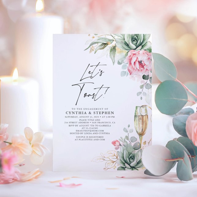 Invitation Faisons un toast Succulent Pink Floral Engagement  (Succulents and Pink Flowers Elegant Engagement Party Invitations)