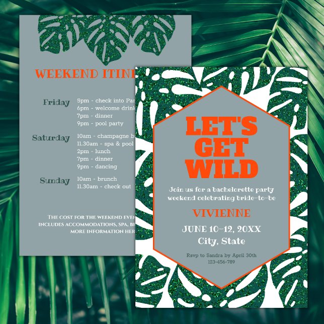 Invitation Faisons un week-end de baccalauréat tropical sauva (let's get wild tropocal bachelorette weekend itinerary invitation glitter monstera leaves orange)