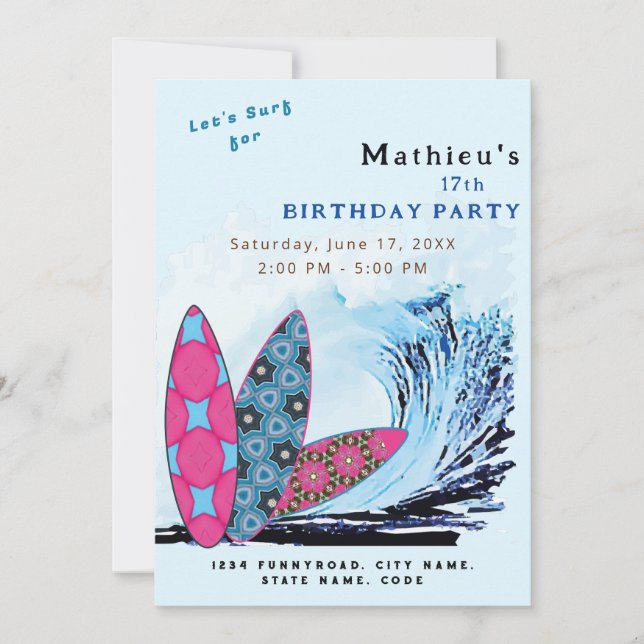 Invitation Faisons une fête d'anniversaire de surf sur la pla (Devant)