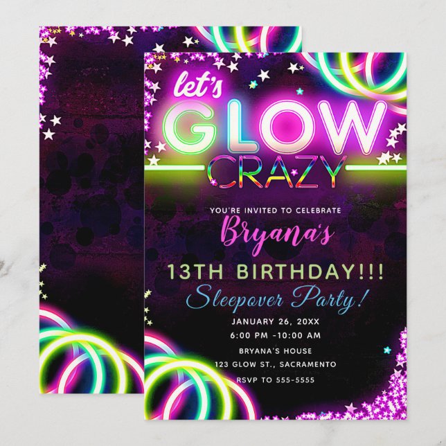 Invitation Faisons une fête d'anniversaire GLOW folle aux néo (Devant / Derrière)