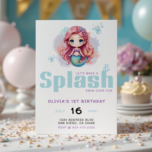 Invitation Faisons une fête d'anniversaire pour les filles en (Let's Make a Splash Girls Mermaid Birthday Party Invitation
)