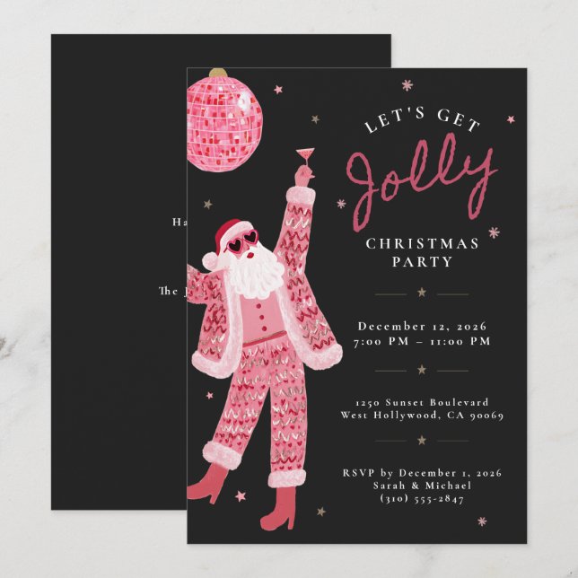 Invitation Faisons une fête de Noël Quirky Black Pink joyeuse (Devant / Derrière)