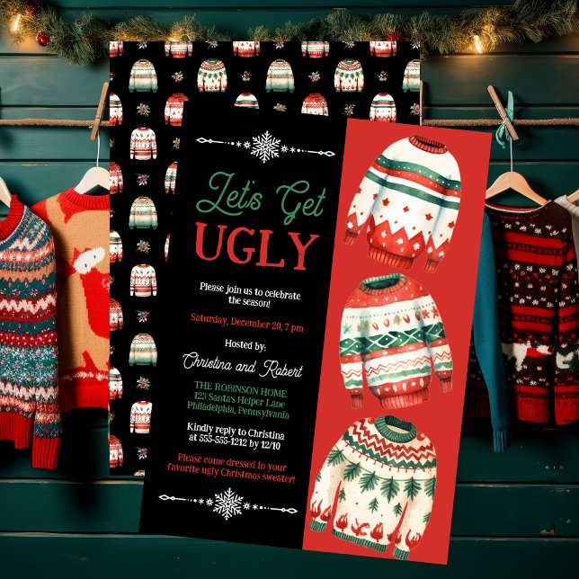 Invitation Faisons une fête moche pour le pull de Noël ("Let's Get Ugly" Ugly Christmas Sweater Party Invitation)