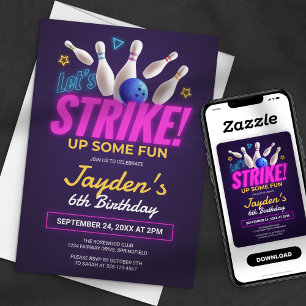 Invitation Faisons une partie de bowling néon pour un anniver