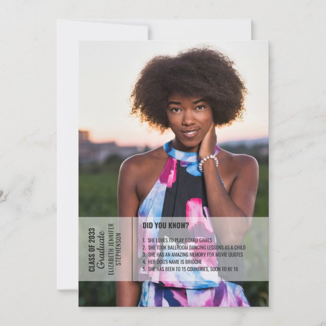 Invitation Faits amusants 2 photo graduation moderne (Devant)