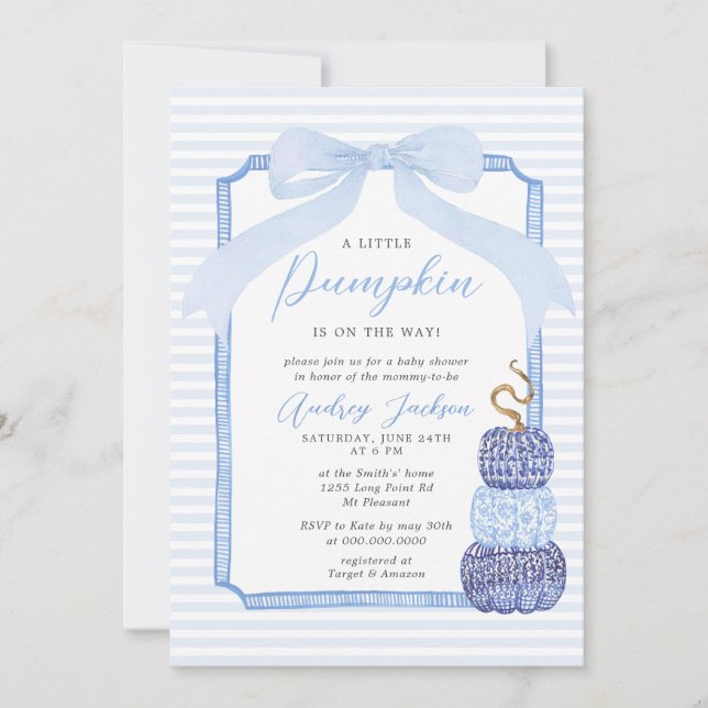 Invitation Fall Blue Chinoiserie Blue Pumpkin Baby Shower Inv (Devant)
