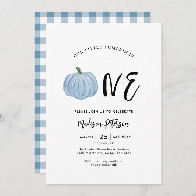Invitation Fall Blue Citrouille 1st Boy Birthday Party (Devant / Derrière)