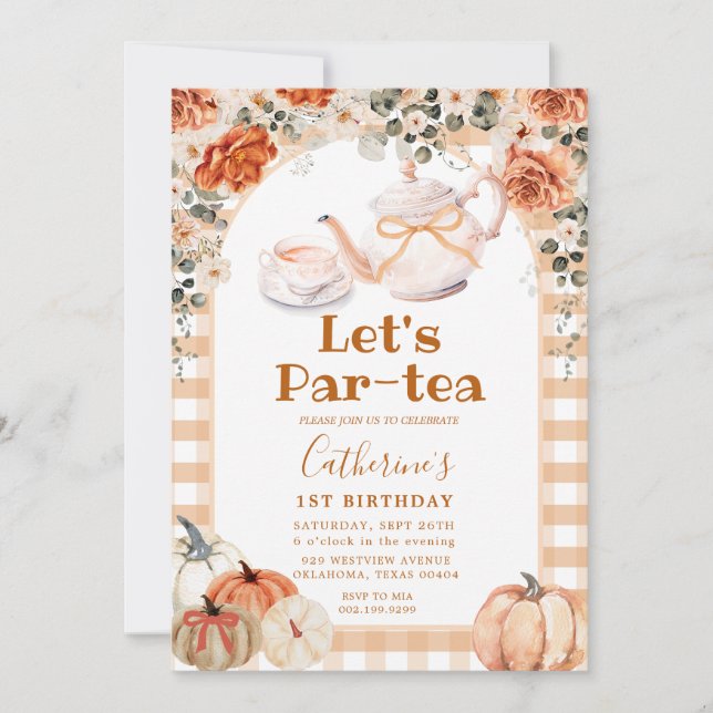Invitation Fall Boho Citrouille Par tea Anniversaire En vichy (Devant)