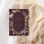 Invitation Fall Boho Eggplant Wildflowers Frame Wedding<br><div class="desc">A rich boho style wedding invitation perfect for fall,  featuring mauve watercolor wildflowers and leaves surrounding a gold pill shape frame,  on a dark plum/aubergine background. The reverse features a pattern of watercolor wildflowers on a dark eggplant background.</div>