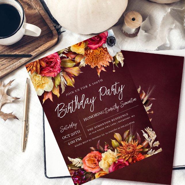Invitation Fall Burgundy Flowers Chic Script 100e anniversair (Colorful 100th birthday party invitation. Perfect for a fall celebration. )