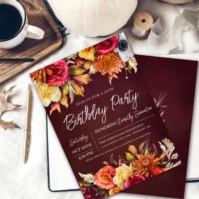 Invitation Fall Burgundy Flowers Chic Script 40e anniversaire (Colorful 40th birthday party invitation. Earth colors make it perfect for a fall celebration. )