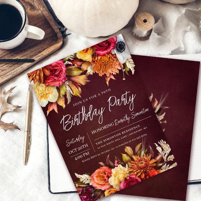 Invitation Fall Burgundy Flowers Chic Script 70e anniversaire (Chic Fall 70th Birthday Party Invite. Burgundy Red, Terracotta Orange, Golden Yellow earth colors.)