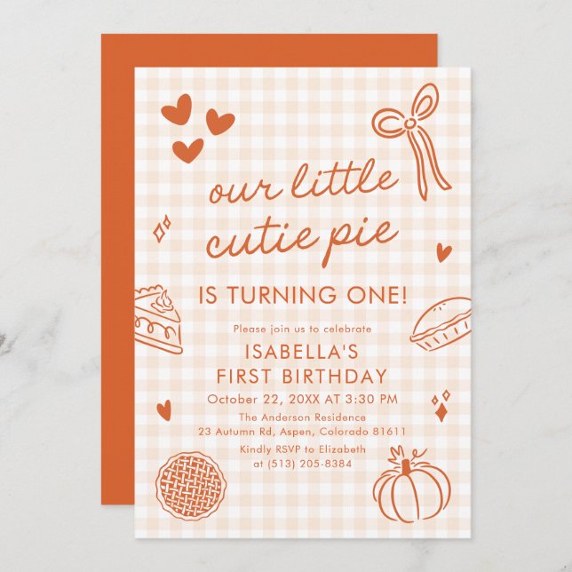 Invitation Fall Cute Hand Drawn Our Little Cutie Pie Birthday (Devant / Derrière)