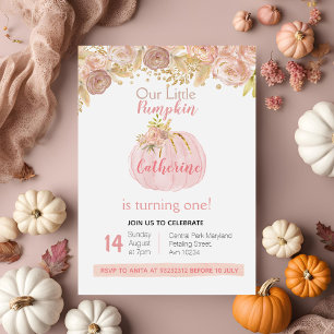 Invitation Fall Girl Gold Citrouille 1er anniversaire