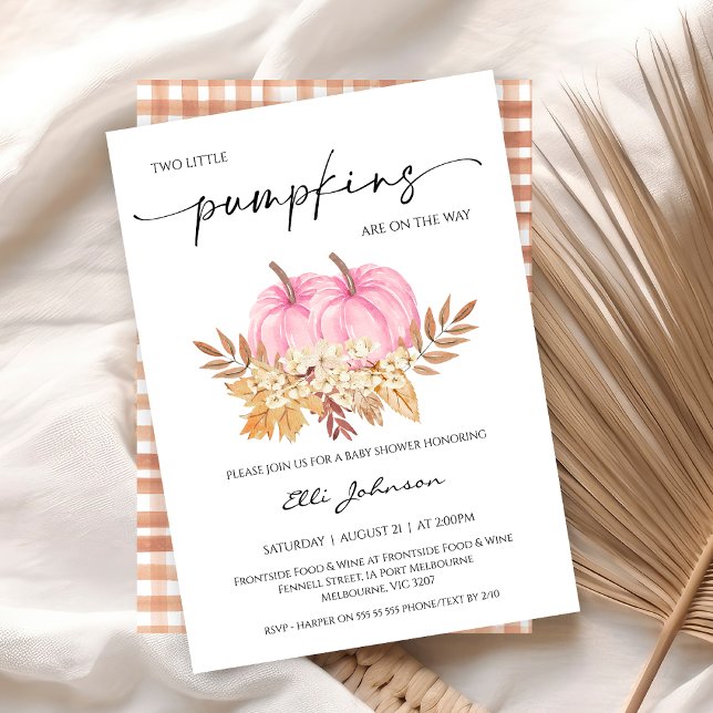 Invitation Fall Girls Twins Deux Baby showers Citrouille rose (Twin Girls Little Pumpkin Baby Shower Invitation, Fall Twins Baby Shower Invite, Autumn Baby Shower)