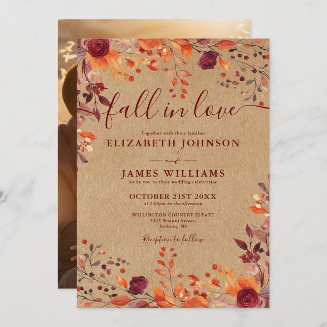 Invitation Fall In Love Automne Rustique Floral Photo Mariage (Devant / Derrière)