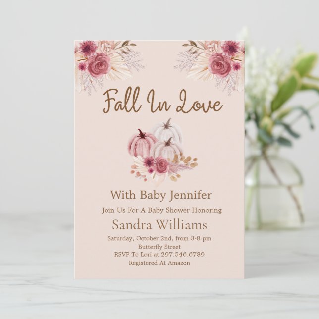 Invitation Fall In Love Boho Pink Pumpkin Autumn Baby Shower (Debout devant)