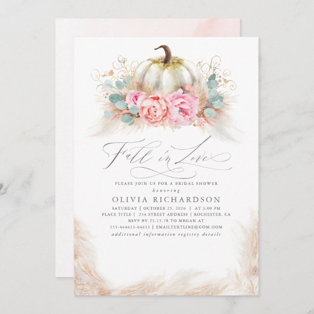 Invitation Fall in Love Bridal Shower  Pink Flowers Pumpkin (Devant / Derrière)