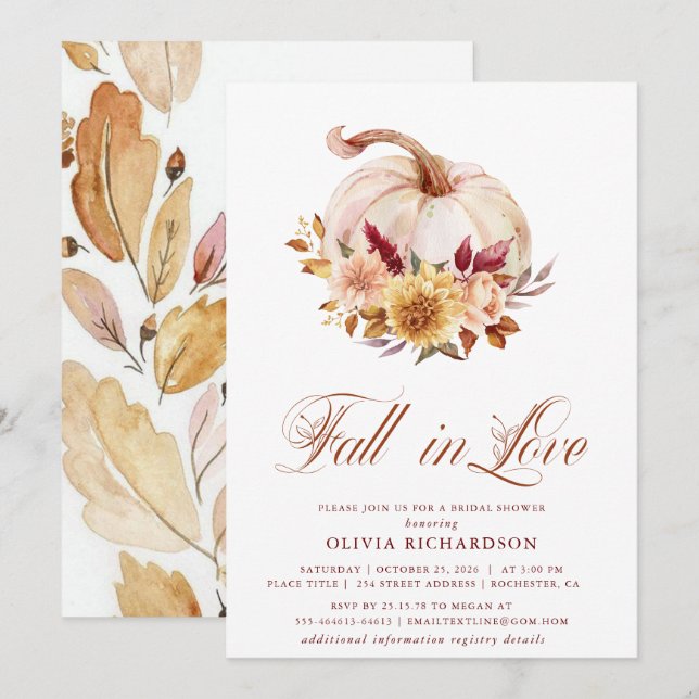 Invitation Fall in Love Bridal Shower Rust Flowers Pumpkin (Devant / Derrière)