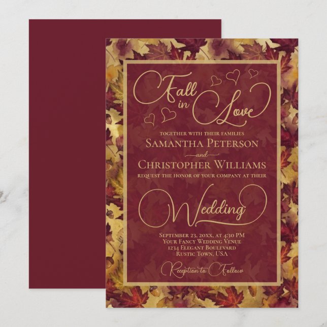 Invitation Fall in Love Burgundy & Gold Autumn Leaves Wedding (Devant / Derrière)