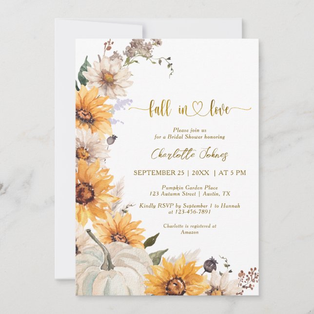 Invitation Fall In Love Gold Sunflowers Daisies Bridal Shower (Devant)