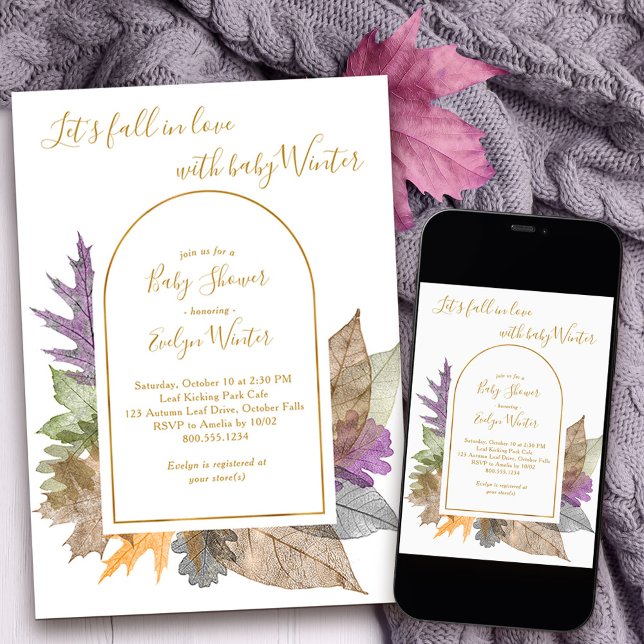 Invitation Fall in Love Octobre Feuille Élégant Baby shower (Fall in Love Baby Shower Invitation with modern arch and delicate autumn leaves)