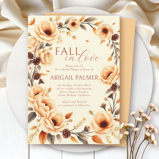 Invitation Fall in love peach floral border bridal shower (Créateur téléchargé)