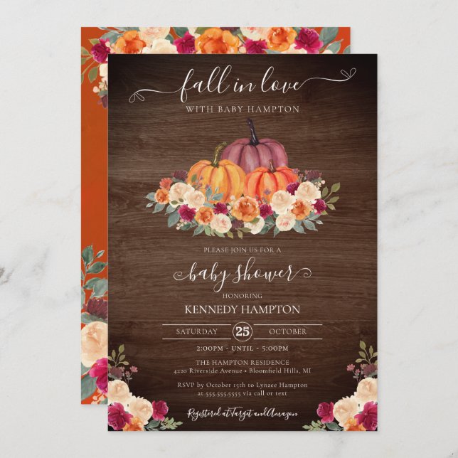 Invitation Fall in Love - Rustic Citrouille Baby shower d'aut (Devant / Derrière)