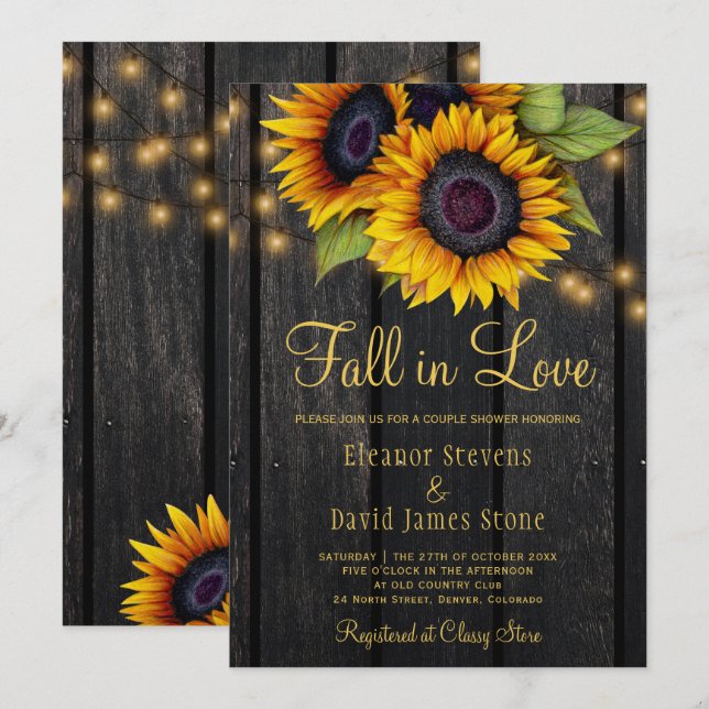 Invitation Fall in Love Rustic tournesol couples en bois douc (Devant / Derrière)