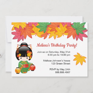 Invitation Fall Kokeshi Doll - Geisha Girl Birthday Party