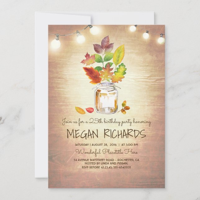 Invitation Fall Leaves Mason Jar Rustic Anniversaire Party (Devant)