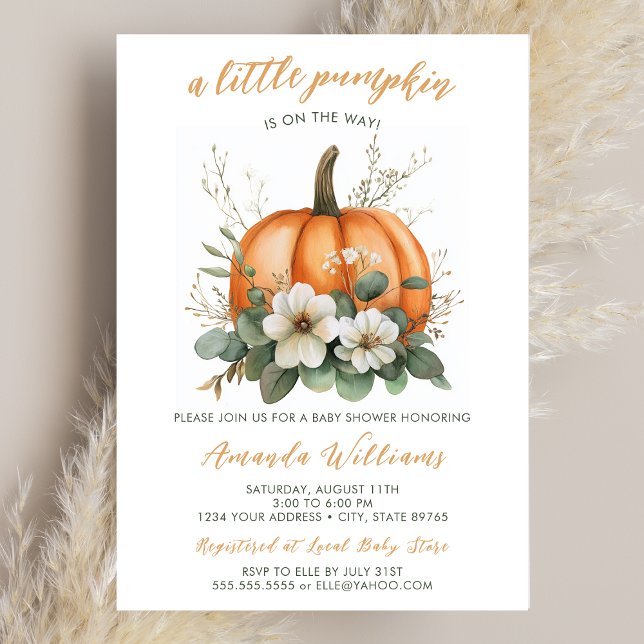 Invitation Fall Little Citrouille on the Way Baby shower (A baby shower invitation featuring an orange pumpkin and florals.)