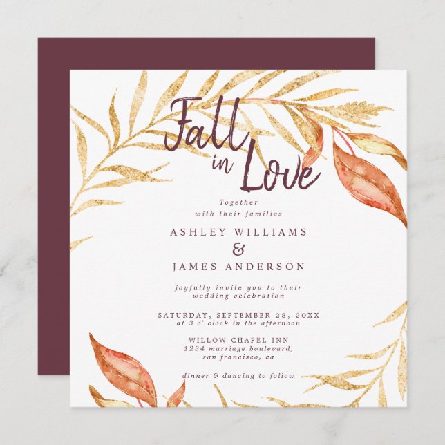 Invitation Fall Love Golden Foliage Automne Mariage Bourgogne (Devant / Derrière)