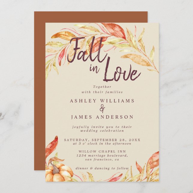 Invitation Fall Love Golden Foliage TerraCotta Mariage (Devant / Derrière)