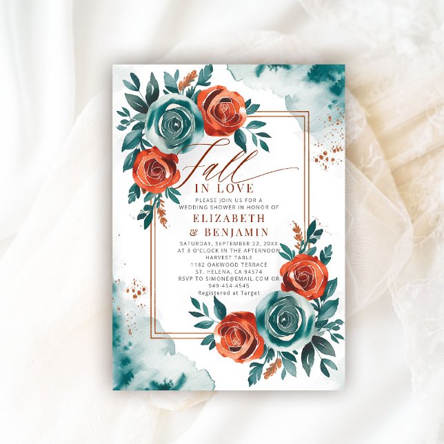 Invitation Fall Love Turquoise Orange Frame Mariage Fête des  (fall in love wedding shower invitation teal burnt orange terracotta watercolor calligraphy floral)