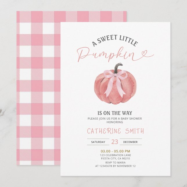 Invitation Fall Pink Bow Pumpkin Baby Shower  (Devant / Derrière)