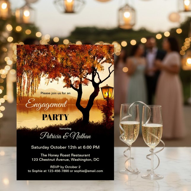 Invitation Fall Tree Lake Voir l'invitation du Fiançailles (Engagement invitation featuring a colorful autumn tree and festive lantern overlooking a lake)