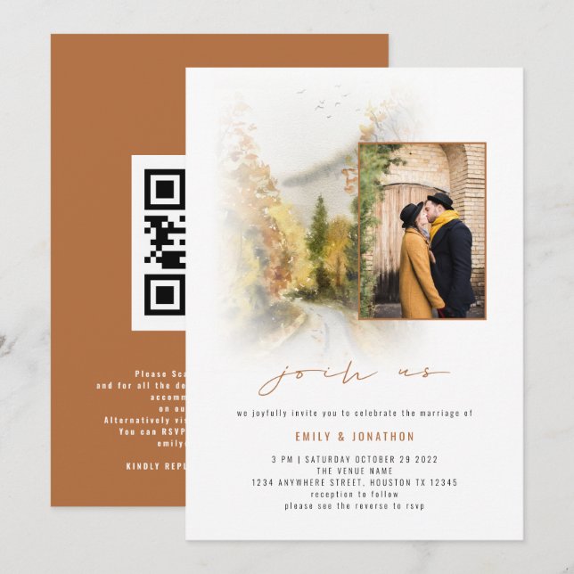 Invitation Fall Trees Photo QR Rejoignez-nous Mariage en terr (Devant / Derrière)