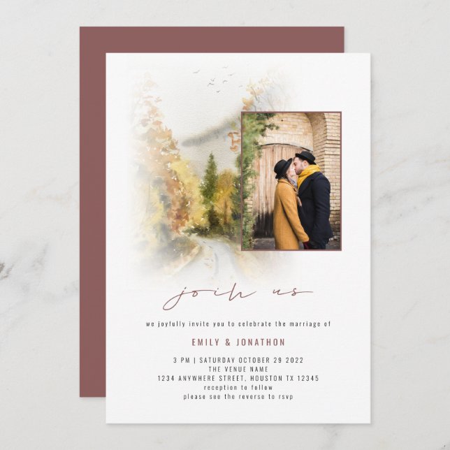 Invitation Fall Trees Photo QR Rejoignez-nous Mauve Mariage (Devant / Derrière)