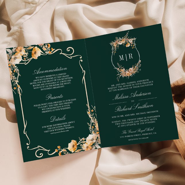 Invitation Fall Wildflower Crest Emerald QR Code Wedding (Créateur téléchargé)