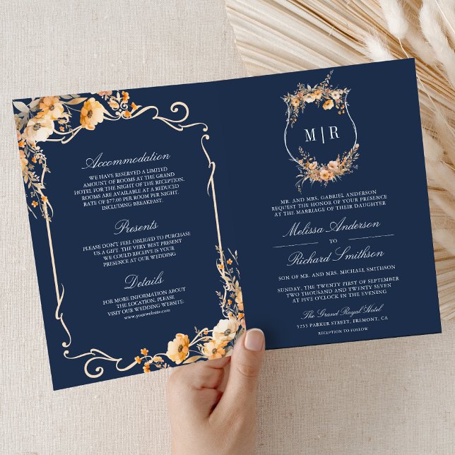 Invitation Fall Wildflower Crest Navy Blue QR Code Wedding (Créateur téléchargé)