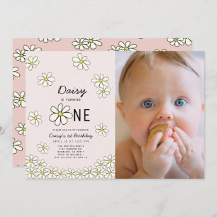 Invitation Falling Daisies Floral Pink Photo 1er anniversaire