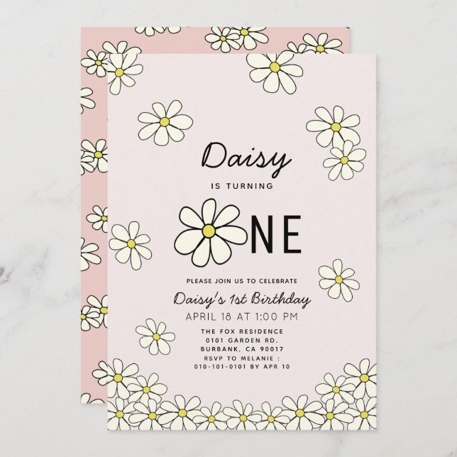 Invitation Falling Daisys Floral Pink 1er Anniversaire (Devant / Derrière)