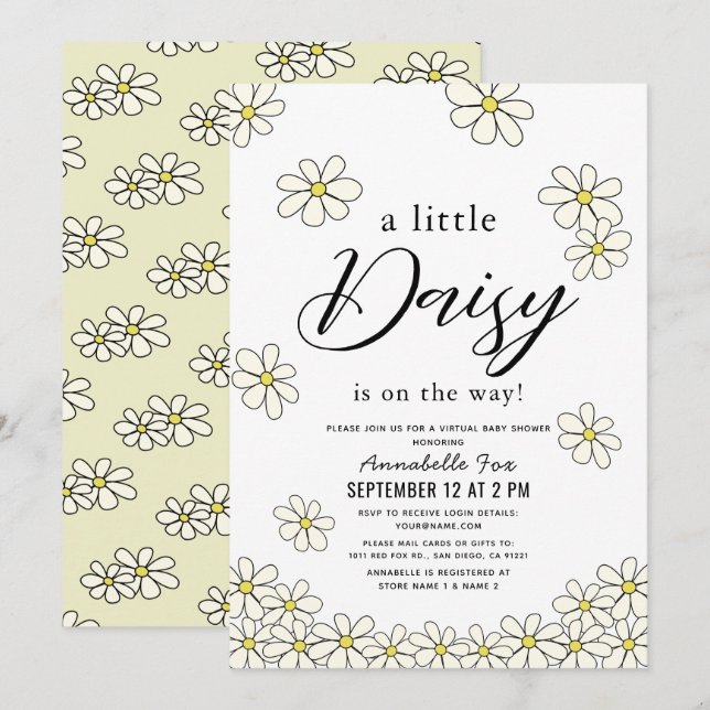 Invitation Falling Daisys White Floral Baby shower virtuel (Devant / Derrière)