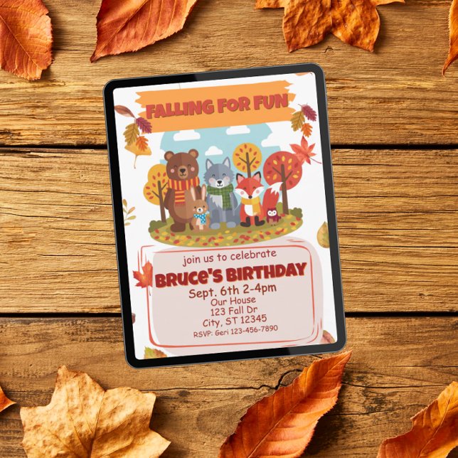 Invitation Falling for Fun, Woodland Animal Birthday  (Créateur téléchargé)